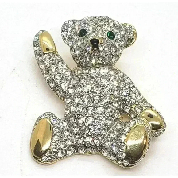 Vintage Teddy Bear Brooch Clear & Green Rhinestones Cute Waving - Picture 1 of 6